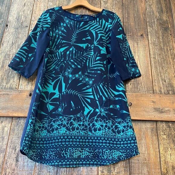 BeBop S Blue Turquoise Tropical Tahitian Palm Leaves Summer Shift Dress - Picture 3 of 11